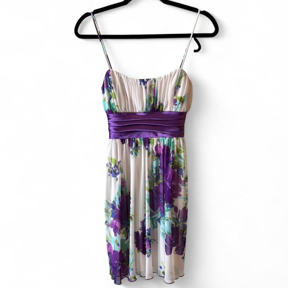 City Studio Floral Satin Waist Midi Dress – Purple Watercolor Print, Size M